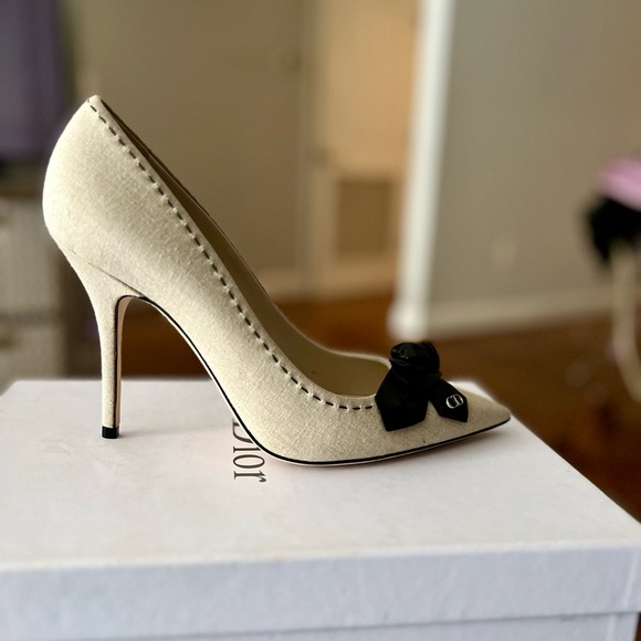 Dior Shoes - Dior Cream Heels with Black Bow Accent